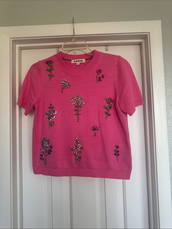 Boden Sweaters - Boden Bright Pink Beaded Floral Knit Tee